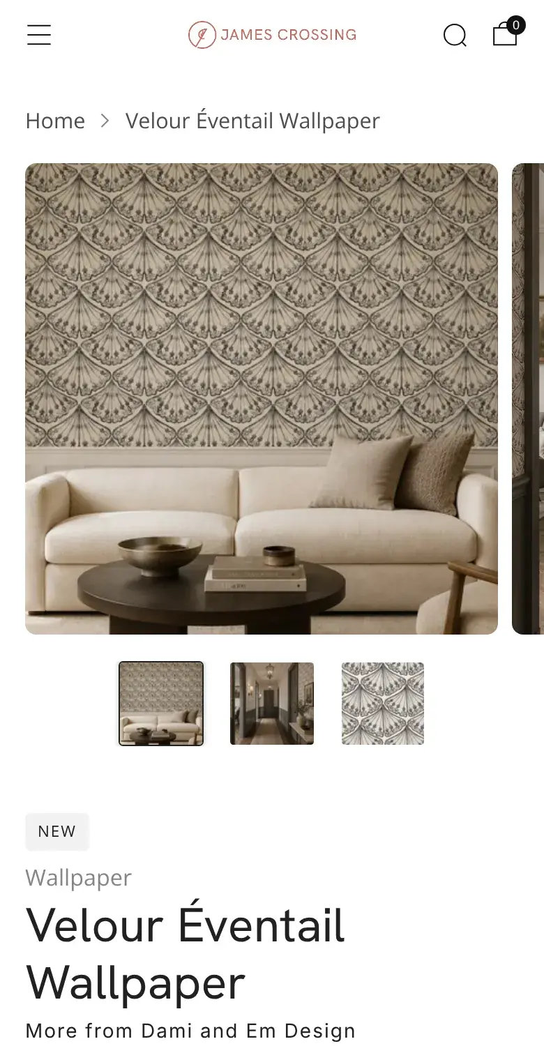 A James Crossing wallpaper product page on a phone