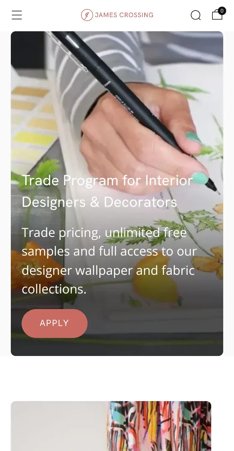 The James Crossing Trade Program page on a phone, with an Apply button