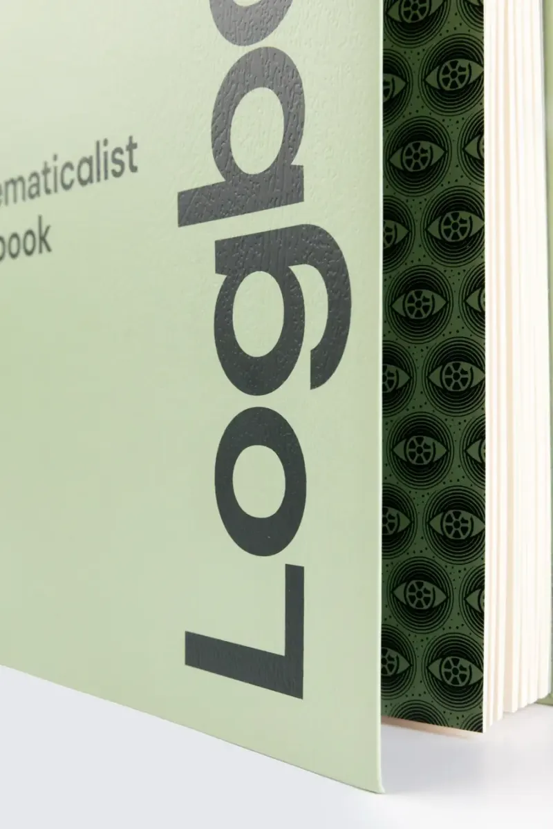 The sage Logbook, detail of the spine and patterned edge