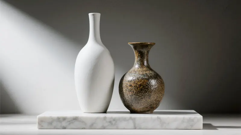 A white matte vase and a textured brown vase side by side on a marble plinth, in soft light.