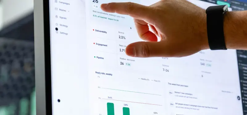 A hand pointing at a chart on a monitor