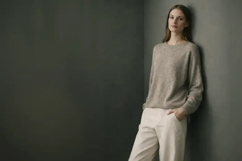 A woman in a knit sweater and cream trousers against a dark wall