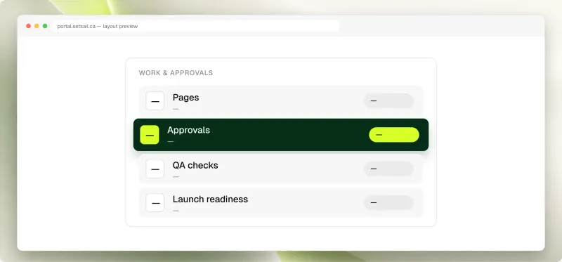 A layout preview of the Setsail client portal: work and approvals for pages, approvals, QA checks and launch readiness