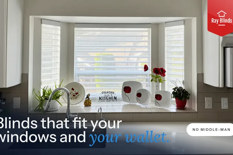 A bay window with blinds, under the line “Blinds that fit your windows and your wallet”