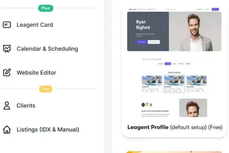 Leagent's agent tools beside a Leagent Profile site for an agent