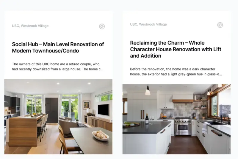 Two renovation projects on TQ Construction's rebuilt website, each over a photo of the finished kitchen