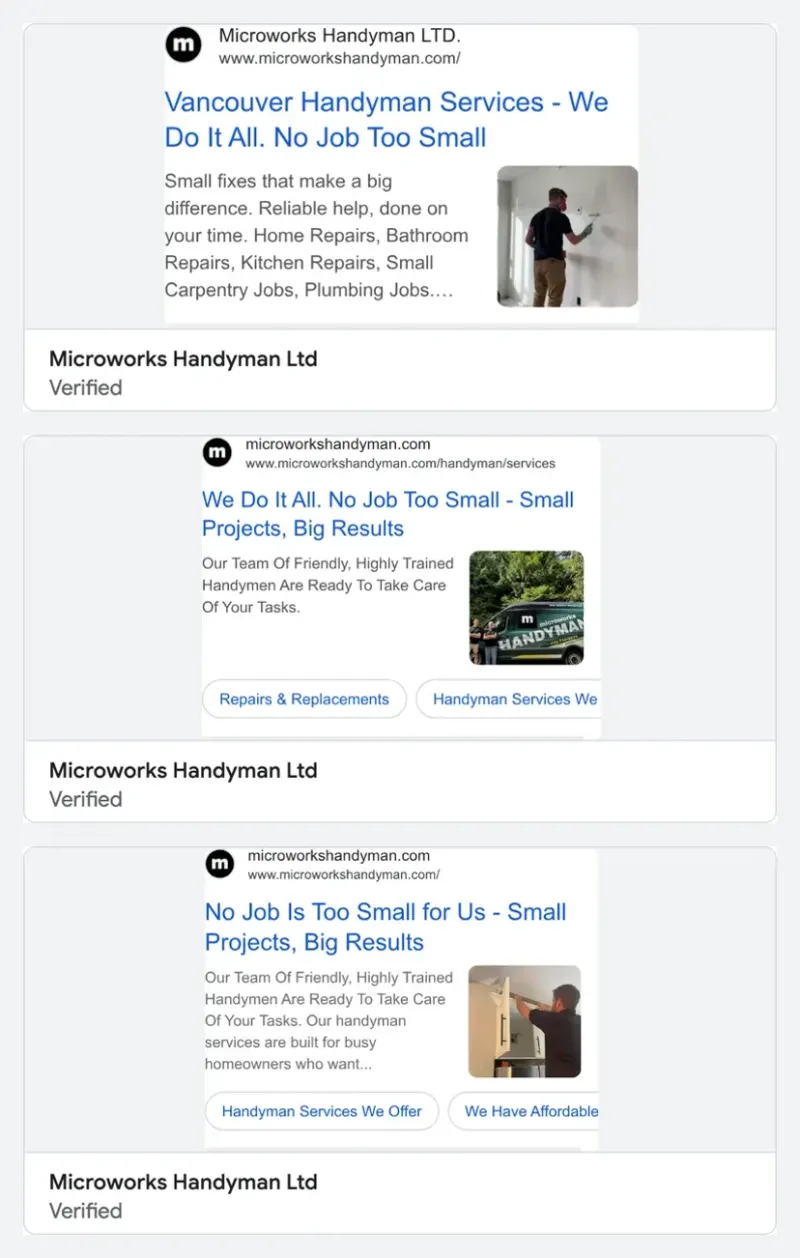 Three Microworks Handyman Google search ads, for Vancouver and for small jobs