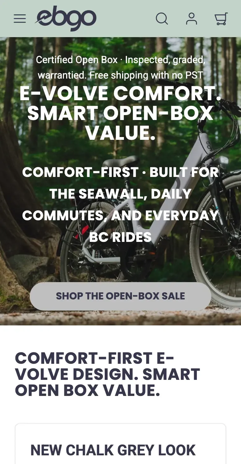 The EBGO E-Volve landing page for BC on a phone
