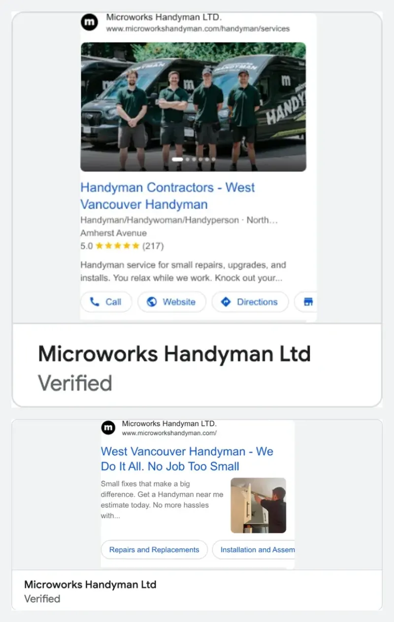 A Microworks ad on Google Maps above a West Vancouver search ad