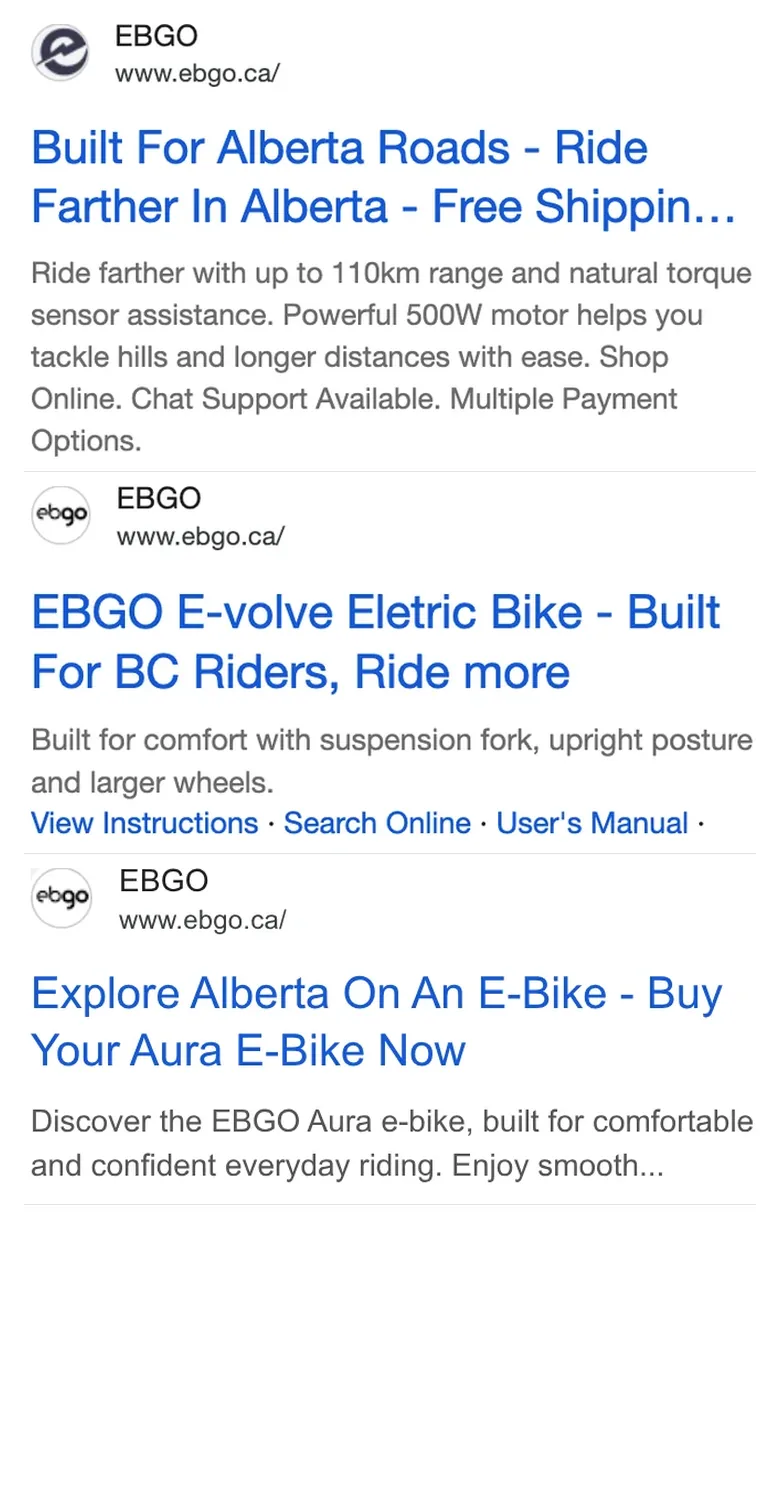 Three of our EBGO Google search ads for Alberta and BC, stacked as on a phone