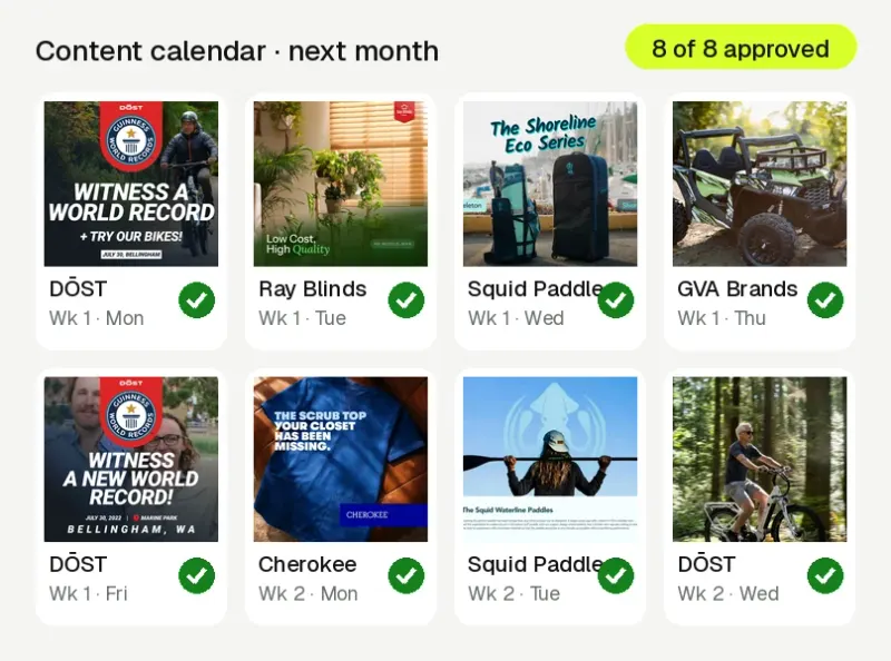 A content calendar of eight client posts for DŌST, Ray Blinds, Squid Paddle, GVA Brands and Cherokee, every one marked approved