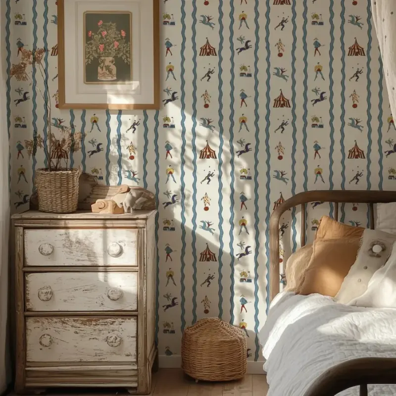 A child’s bedroom papered in James Crossing’s Run Away to the Circus wallpaper