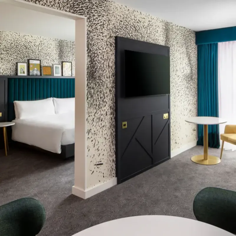 A hotel interior with James Crossing wallcovering, from the Commercial page