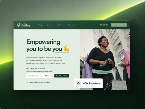 A counselling website’s home page: “Empowering you to be you”