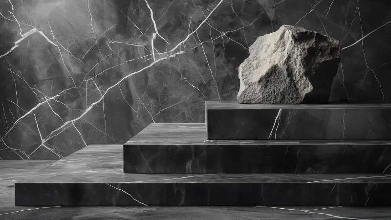 A boulder resting on stepped black marble.