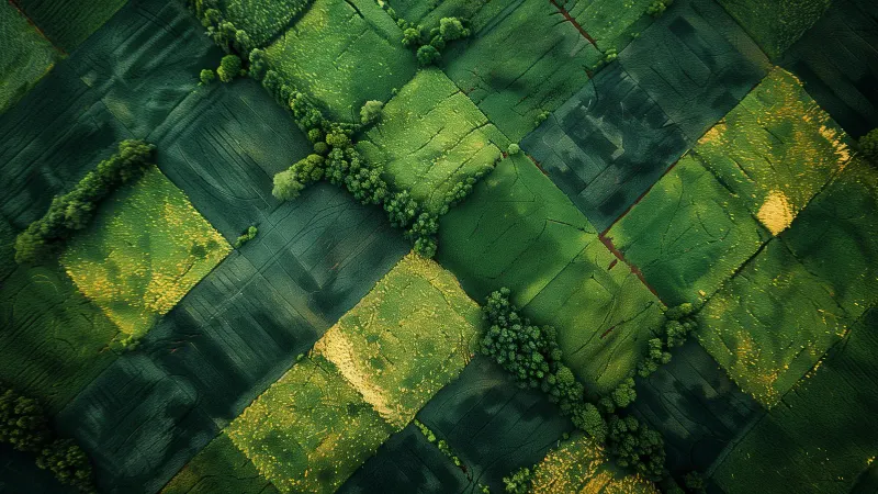 An aerial view of a patchwork of green and yellow fields bordered by trees.