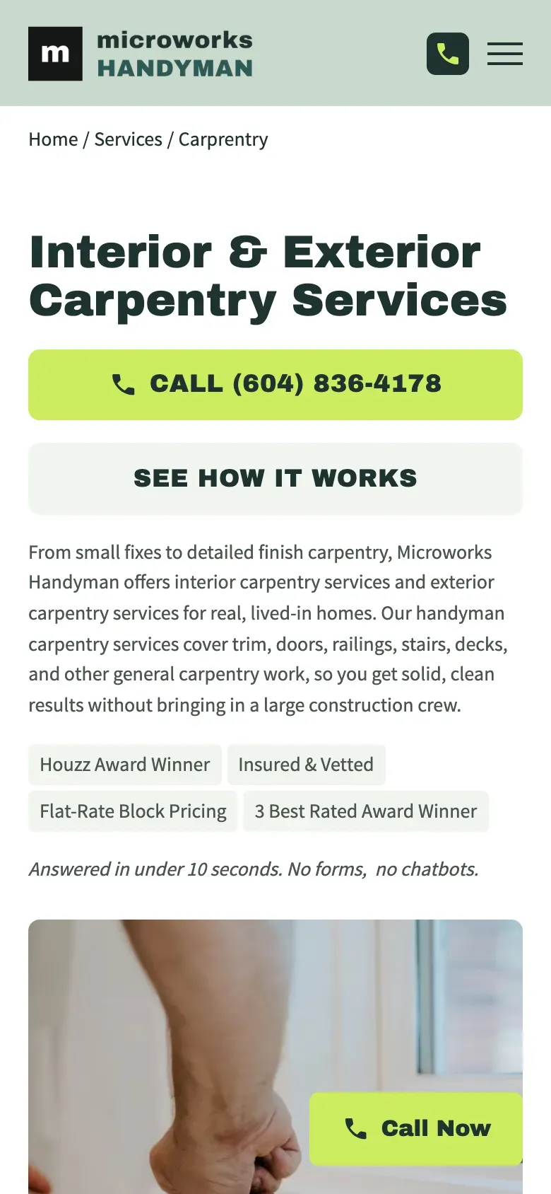 The Microworks carpentry service page on a phone