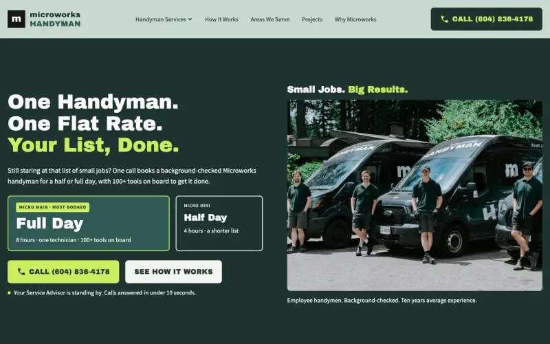 The microworkshandyman.com homepage: A Different Type of Handyman, with a Call button and photos of the crew at work