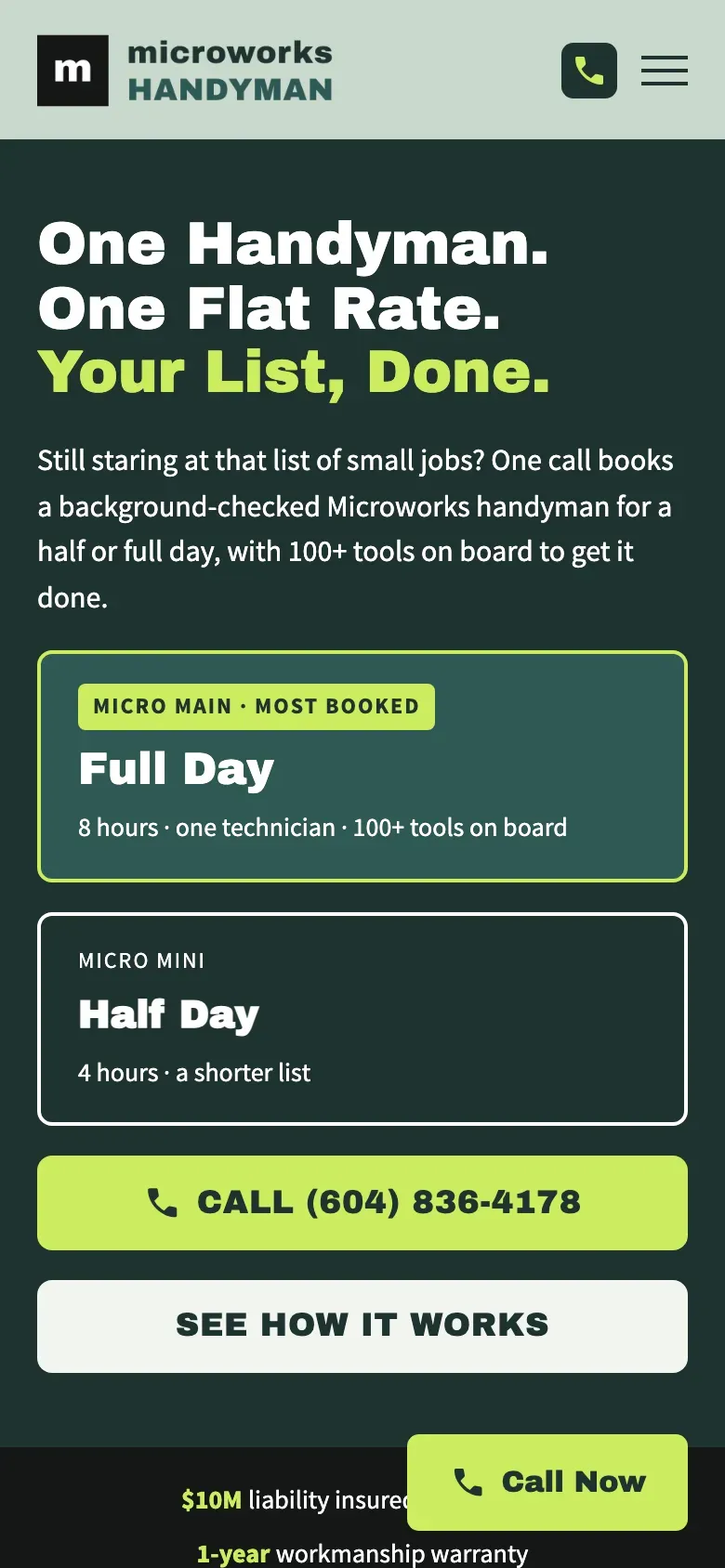 The Microworks homepage on a phone, with the call button in view