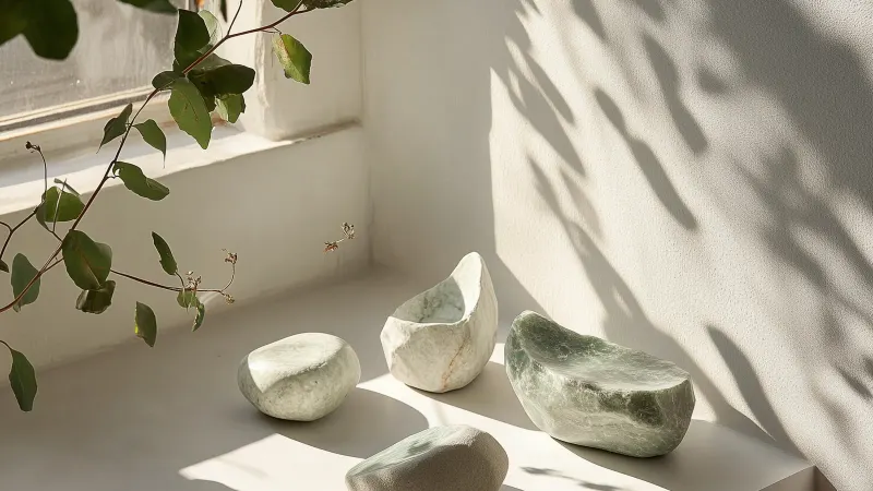 Smooth pale green stones on a sunlit white surface under leaf shadows.