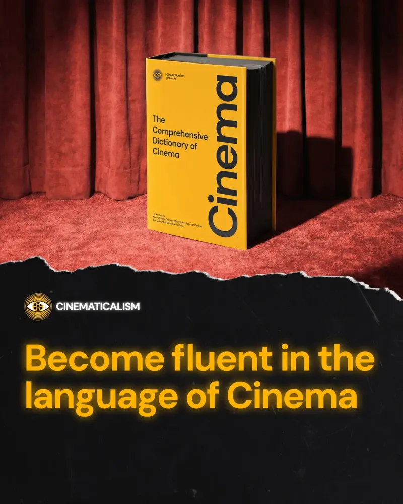 Cinematicalism Meta ad: Become fluent in the language of Cinema, the dictionary in front of a red curtain