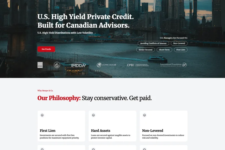 Steepe & Co.’s website, “U.S. High Yield Private Credit. Built for Canadian Advisors.”