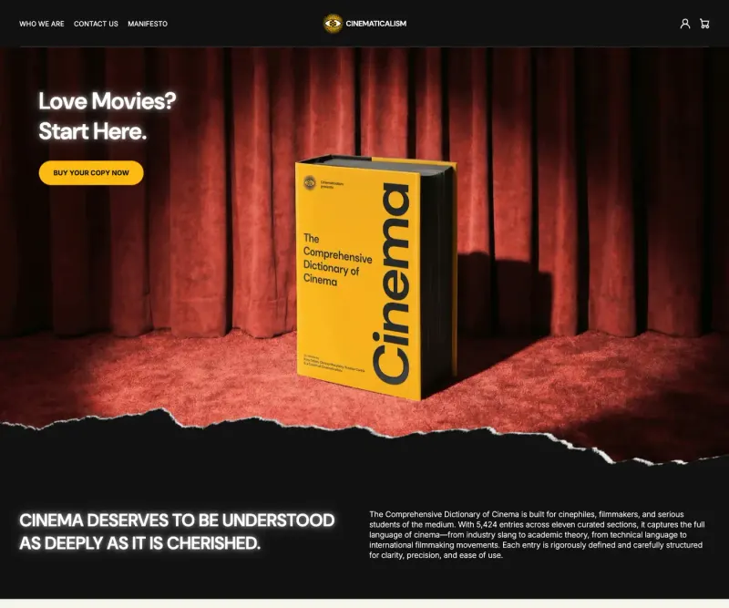 The cinematicalism.com homepage: the dictionary in front of a red curtain, above the product