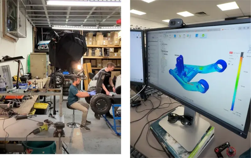 Two photos from ENVO's workshop: staff working on an all-terrain vehicle by a softbox light, and a stress model on a monitor
