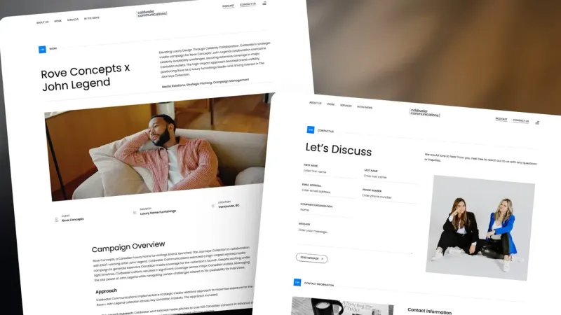 Two tilted Coldwater Communications web pages: a Rove Concepts case study and the contact page with a "Let's Discuss" form
