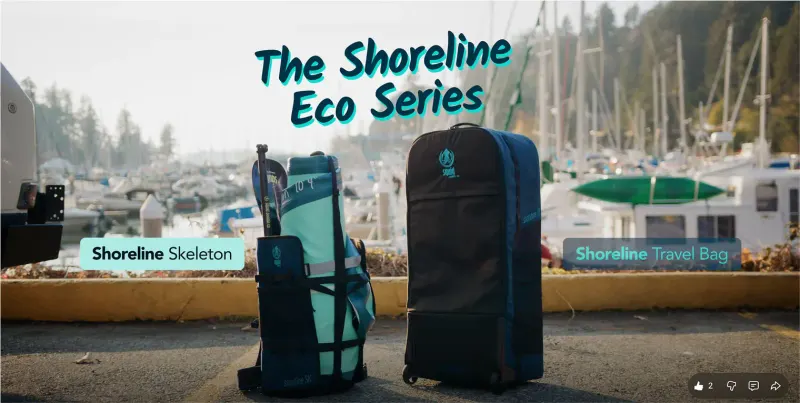 Video title frame The Shoreline Eco Series showing the Shoreline Skeleton and Shoreline Travel Bag at a marina