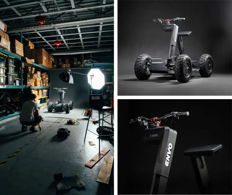 Behind the scenes at an ENVO product shoot in a warehouse, beside two dramatic studio shots of a four-wheeled ENVO vehicle