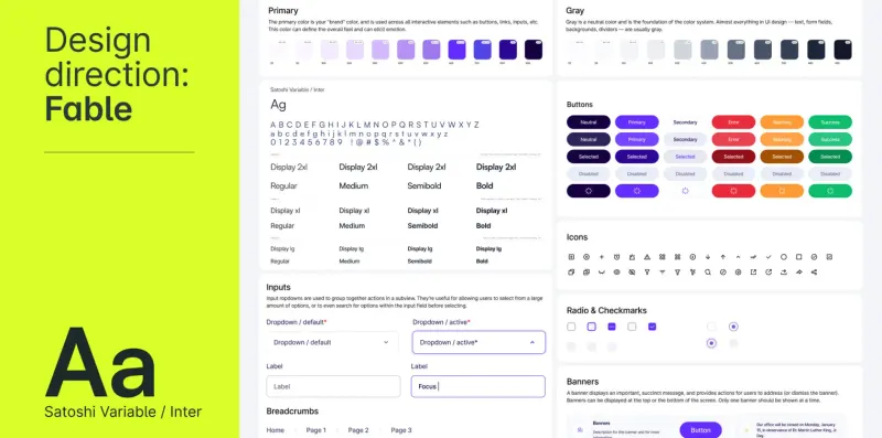 Design direction Fable slide with Satoshi and Inter typography, colour palettes, buttons and form components