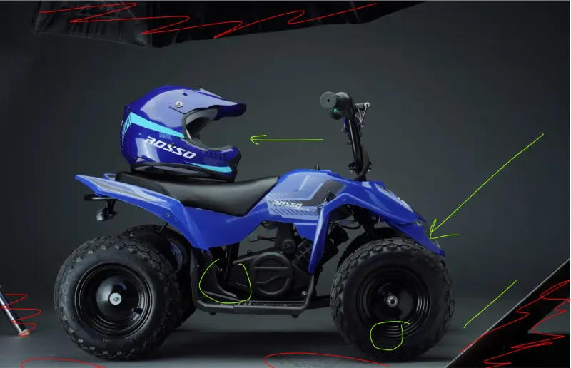 Blue Rosso youth ATV with a helmet on its seat in a studio, marked with red and green review sketches
