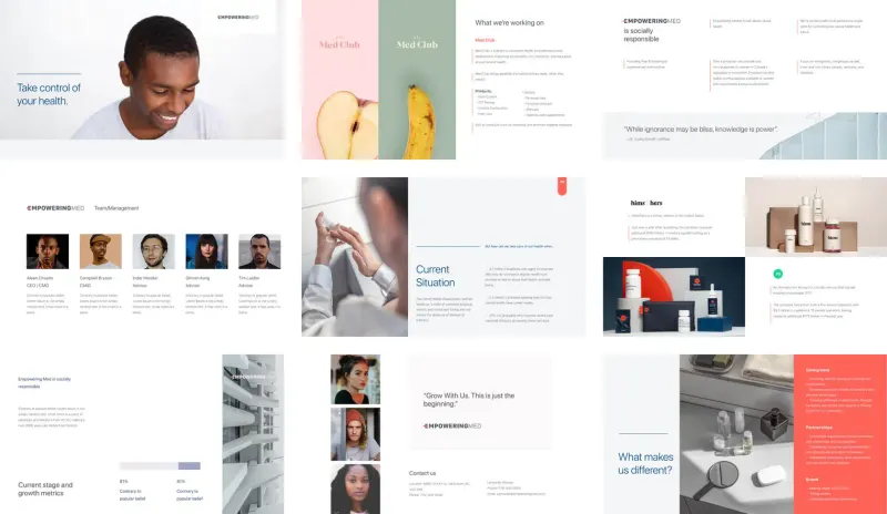 Grid of Empowering Med brand slides: team, Med Club, socially responsible, current situation and What makes us different
