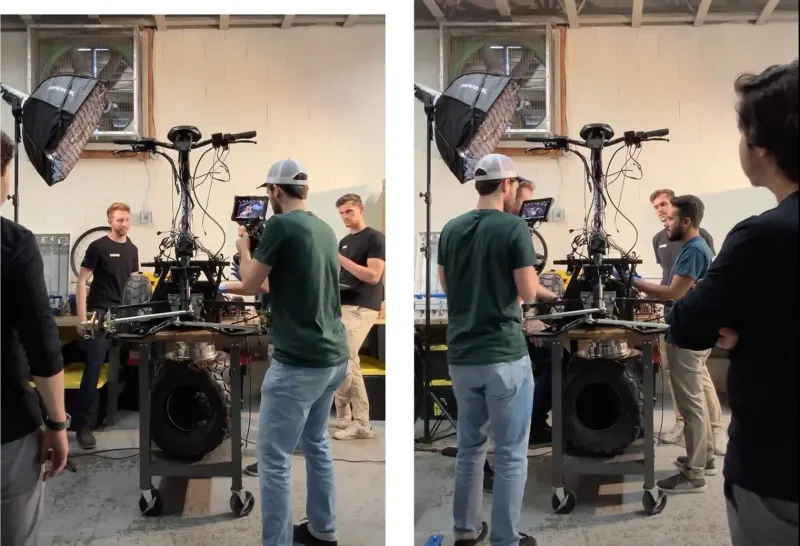 Two behind-the-scenes photos of a crew filming an ENVO prototype on a workbench with camera, softbox light and tyres