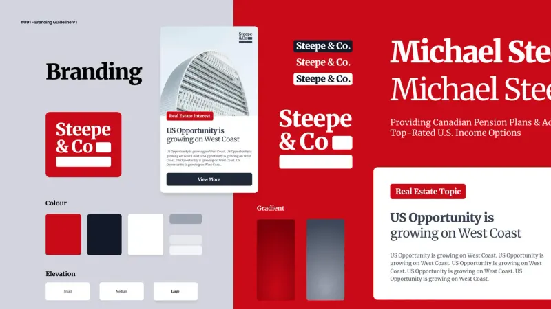 Branding design for Steepe & Co., including updated logo, colour palette, typography, and marketing messaging for a financial services marketing campaign.