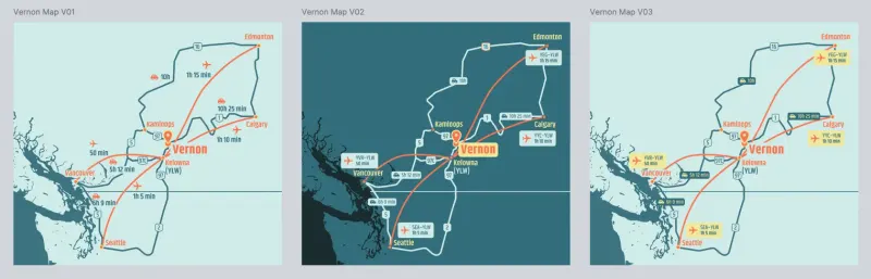 Three versions of a Vernon travel map showing flight and drive times from Vancouver, Seattle, Calgary and Edmonton