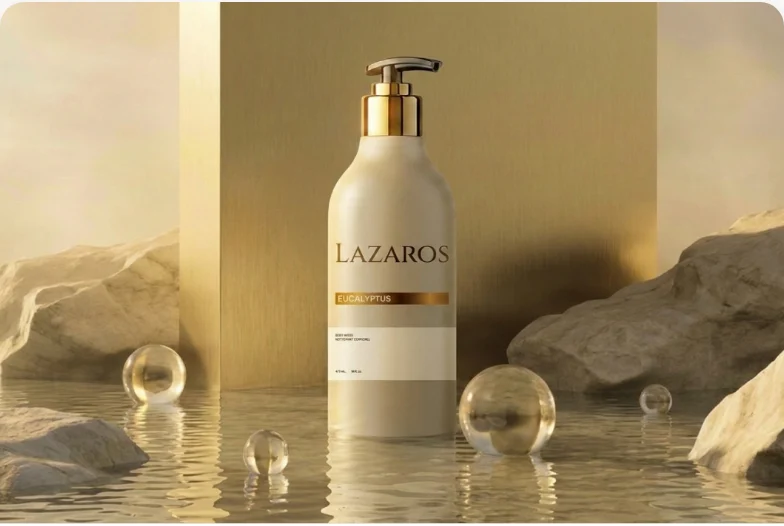 A Lazaros bottle standing among stones in shallow water