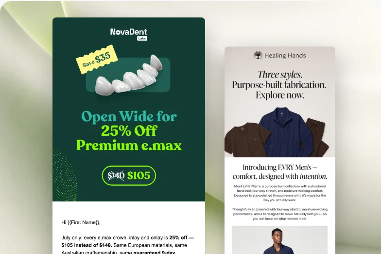 Two email campaigns: a NovaDent offer of 25% off and a Healing Hands men's launch