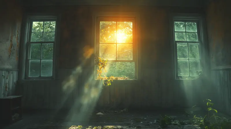 Sunlight streaming through dusty windows into an old room overgrown with moss.