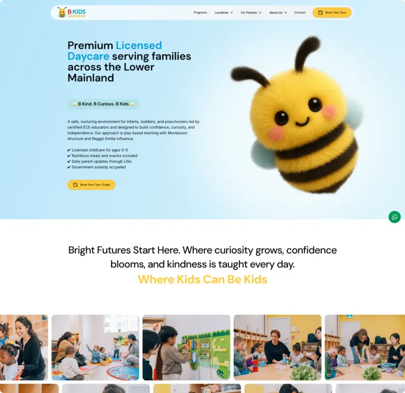The B Kids Daycare website homepage