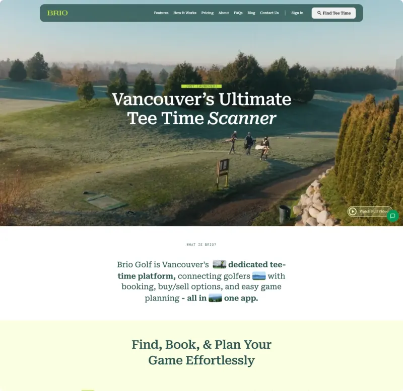 The Brio Golf website homepage