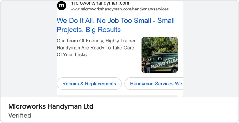 Microworks Handyman Google search ad with a photo of their van: We Do It All, No Job Too Small
