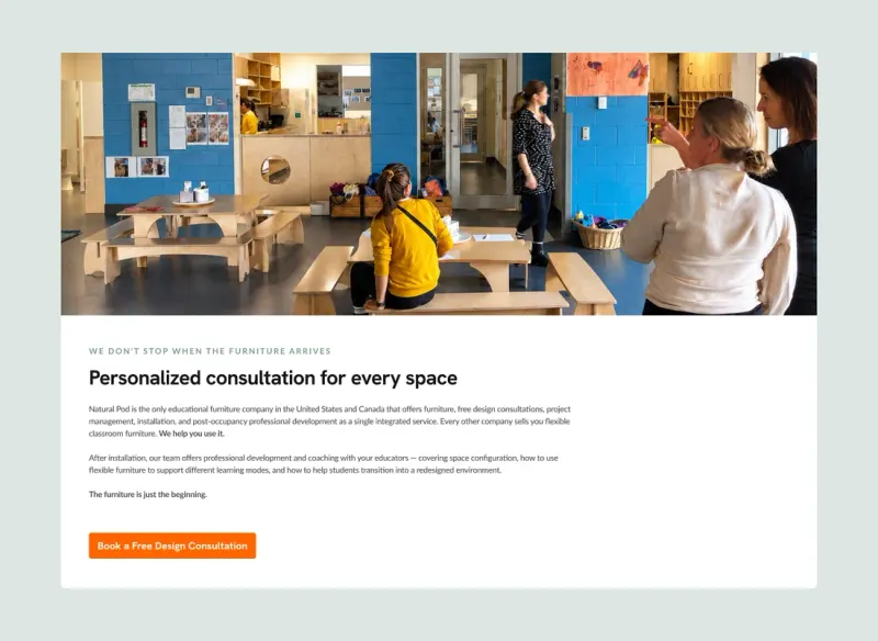 Natural Pod’s home page section “Personalized consultation for every space”, over a classroom of wooden tables and a teacher at work