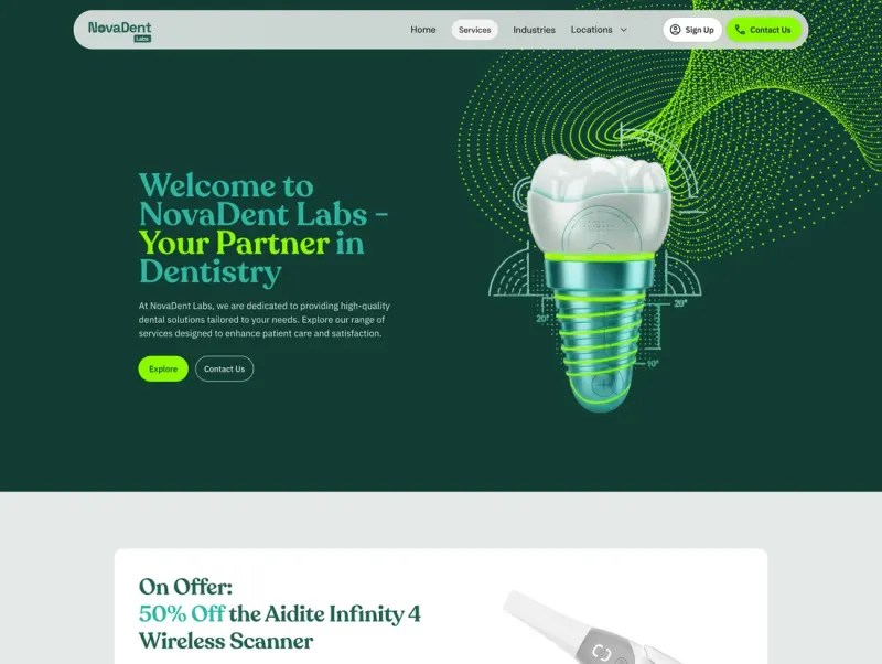 NovaDent Labs’ home page, “Welcome to NovaDent Labs, Your Partner in Dentistry”, with a scanner offer and its services