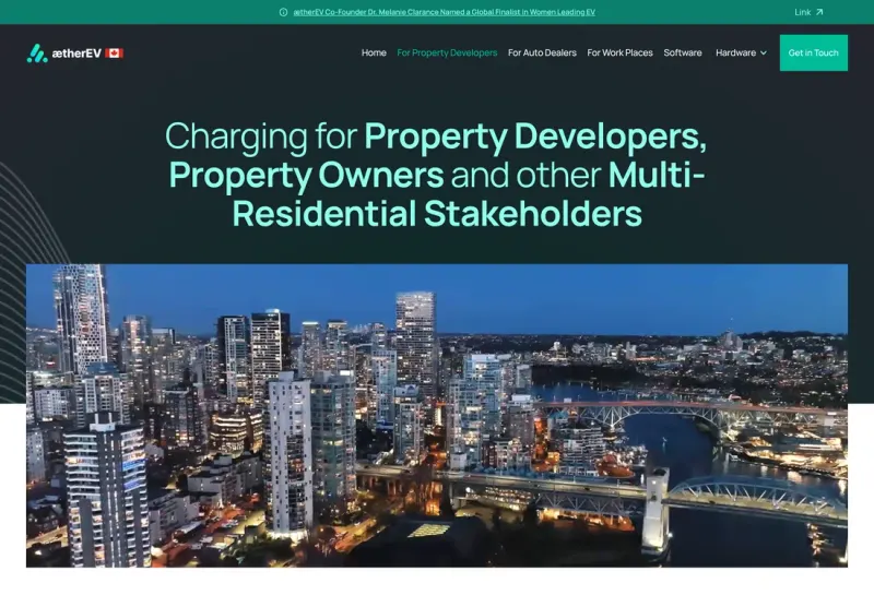 AetherEV’s page for property developers and multi-residential owners, over a Vancouver skyline at dusk