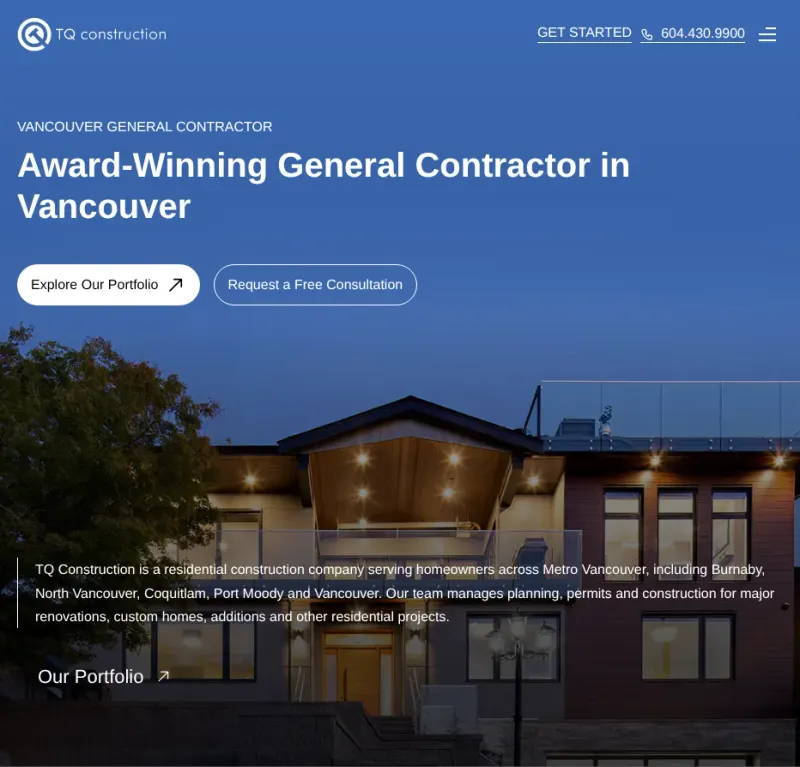TQ Construction’s home page hero, “Award-Winning General Contractor in Vancouver”, over a lit custom home at dusk