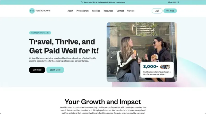 New Horizons homepage: "Travel, Thrive, and Get Paid Well for It!" hero with two healthcare workers and a 3,000+ workers badge