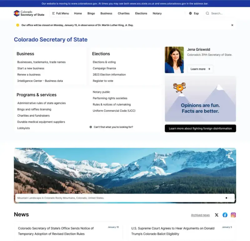 Colorado Secretary of State homepage redesign: Business, Elections and Programs menus, a mountain banner and news