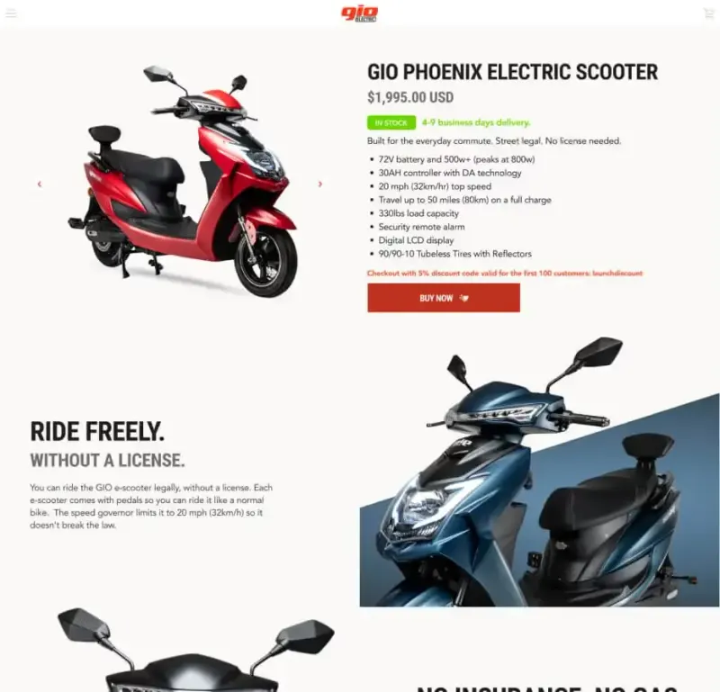 GIO Electric product page for the Phoenix electric scooter at $1,995 USD, with "Ride freely. Without a license."